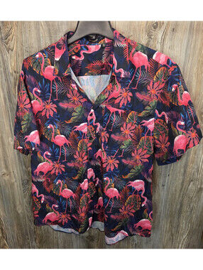 Rithern Pink Flamingo AOP Print Button Shirt Short Sleeve Men Size 2XL - 18.5